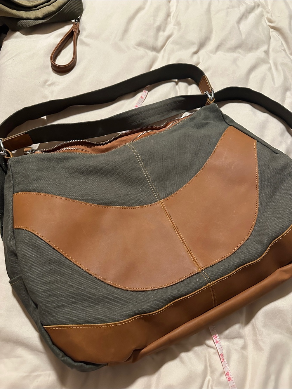 Green Canvas and Brown Leather Accent Tote/Laptop Bag